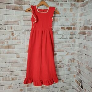 VINTAGE 70s Red Sleeveless Girls Maxi Prarie Dress 8 Pic-Nics Retro